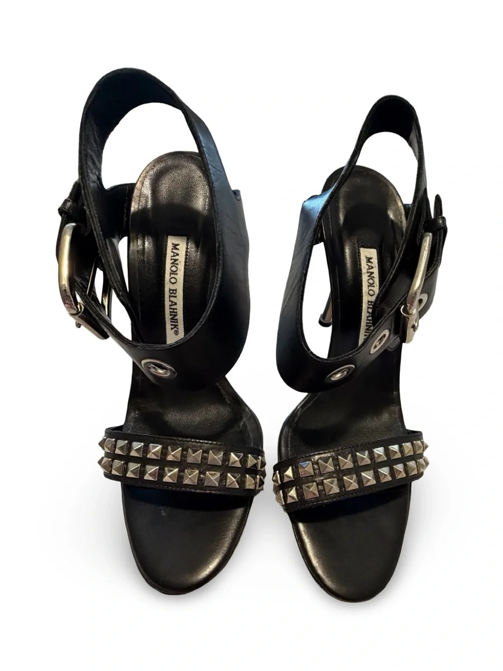 Manolo Blahnik Black Studded Leather‎ Buckle Ankle Strap Sandals, 38